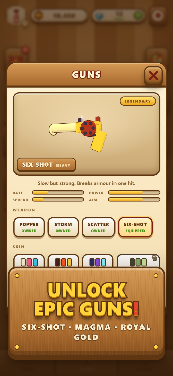 Bottle Rush Shooting 3D: the arsenal screen, showing the blasters and finishes that coins unlock