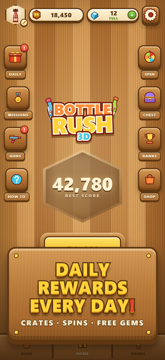 Bottle Rush Shooting 3D: the home screen, with the play slab and the daily crate