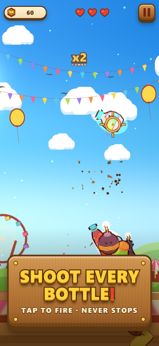 Bottle Rush Shooting 3D: cartoon bottles arcing over a fairground stall while the blaster's reticle tracks one in mid-air