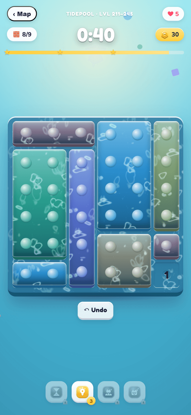 Matri Rush: the Tidepool village, water-skinned bricks with 40 seconds on the clock