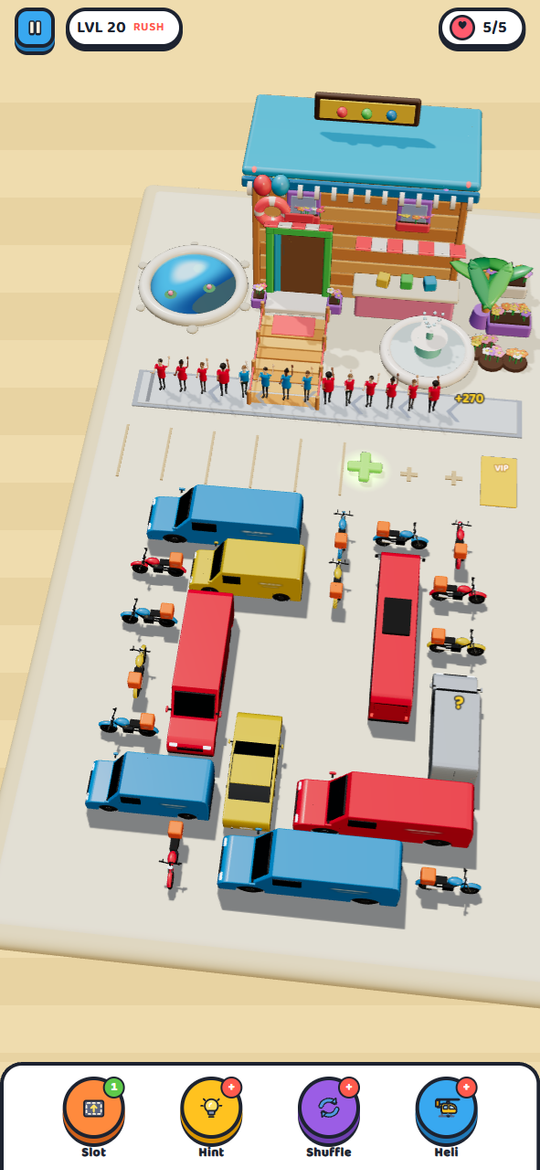 Rush Delivery 3D: level 20, customers queued at the shop while colour-coded vans and scooters jam the lot below