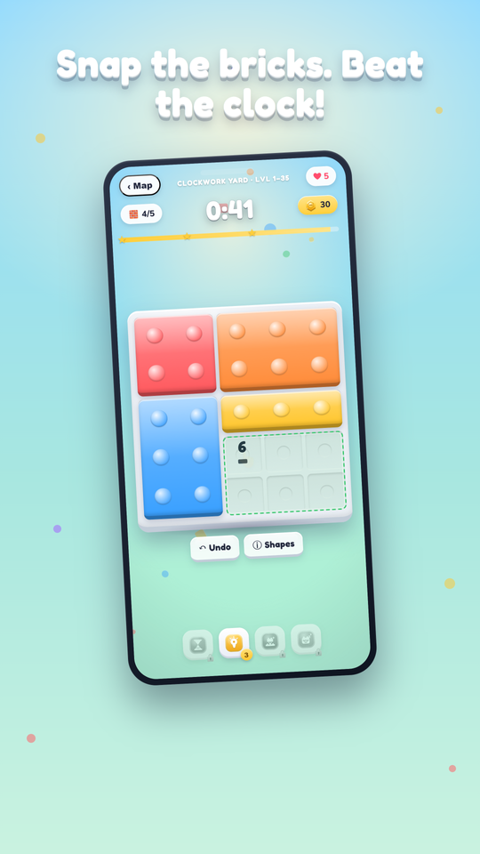 Matri Rush gameplay: snapping bricks onto the board in the Clockwork Yard